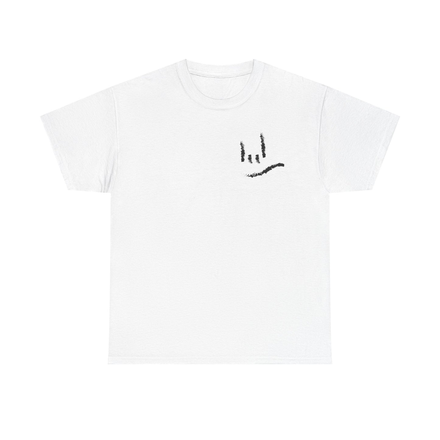 Minimal ILY Pocket Tee — Small Hand-Drawn Face Chest Print