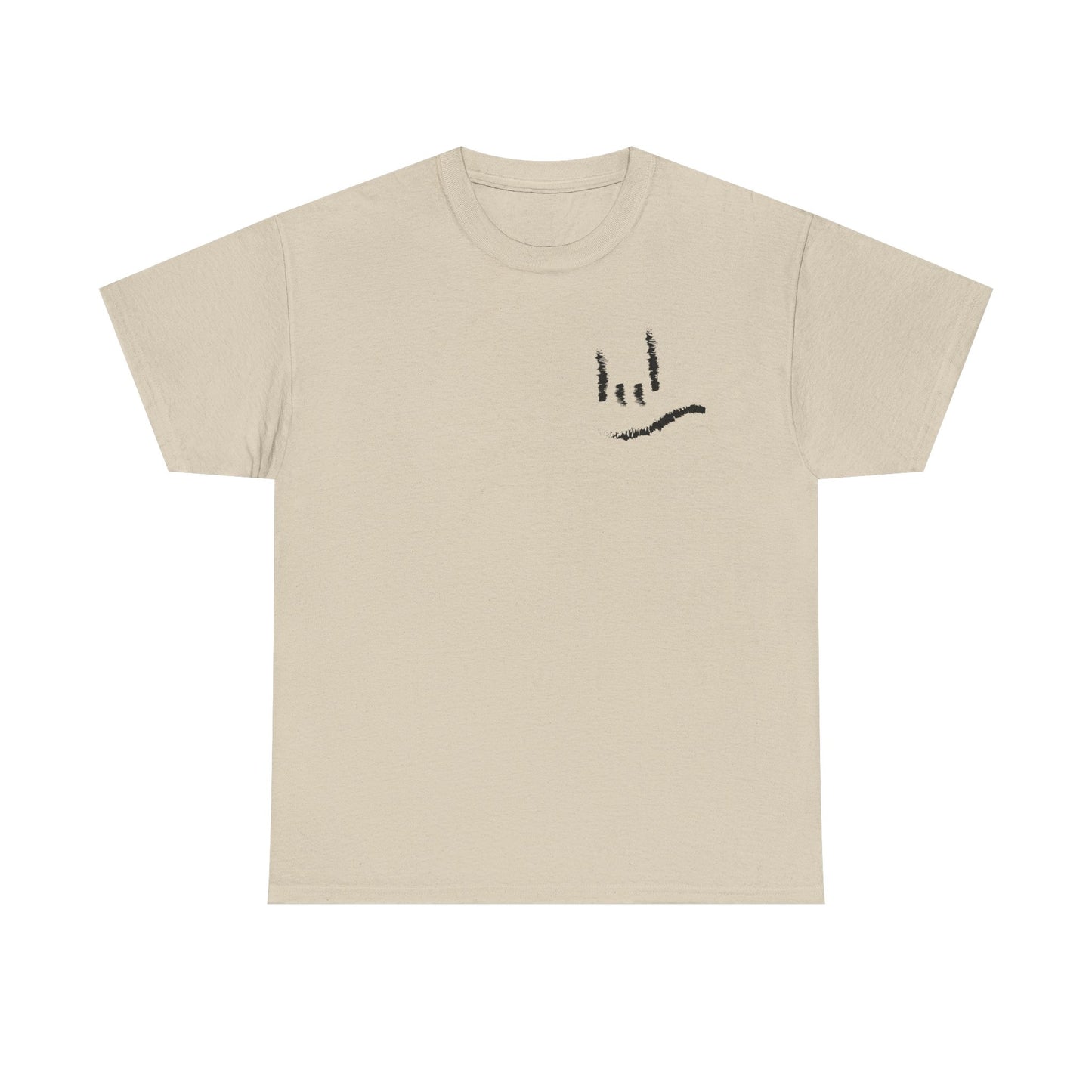 Minimal ILY Pocket Tee — Small Hand-Drawn Face Chest Print
